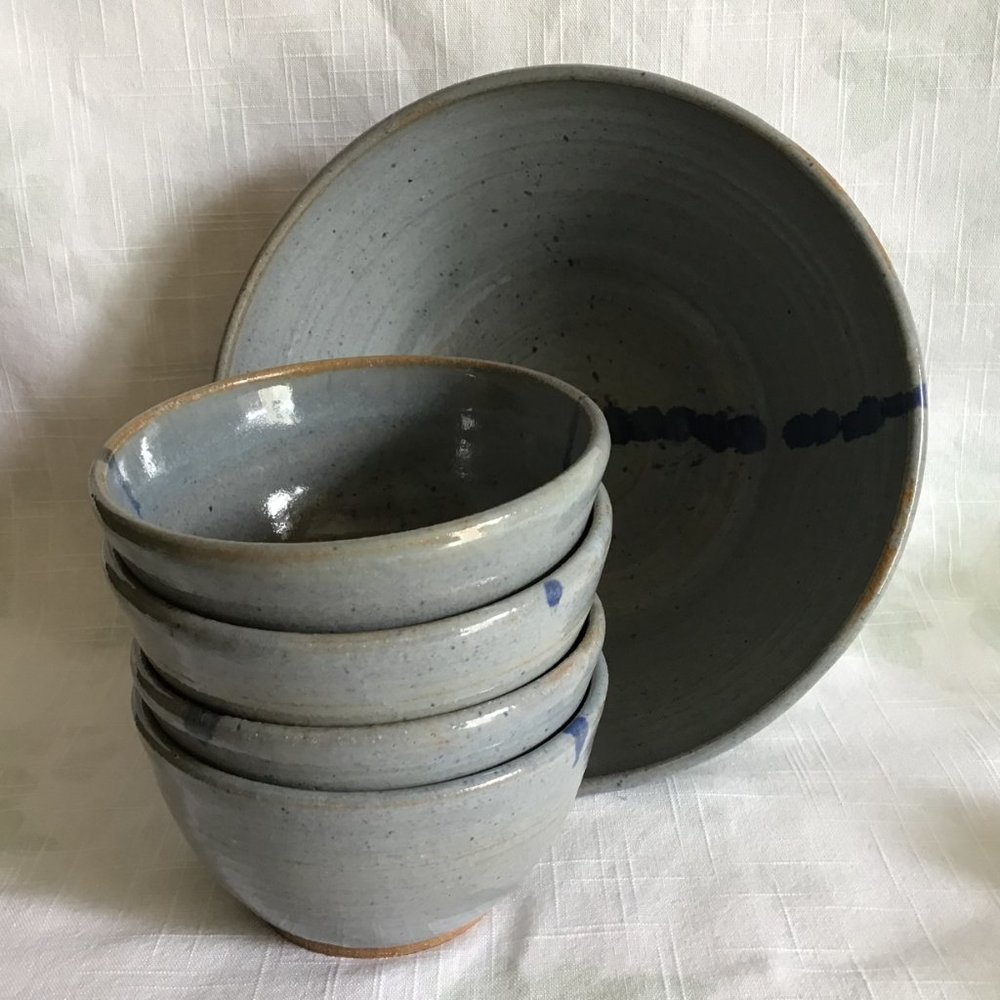 Vintage 80s Set of 5 Pottery Bowls Artist Signed Abstract Paint Glazed